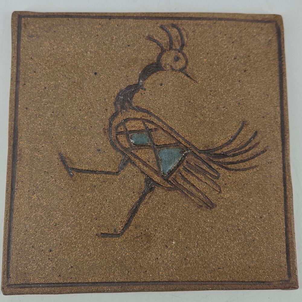 Southwest style stoneware signed art tile petroglyph style roadrunner bird